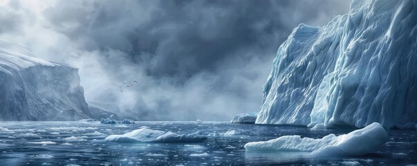 Majestic iceberg landscape with dramatic cloudy sky over icy waters, portraying the serene beauty of the frozen Arctic or Antarctic wilderness.
