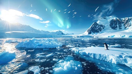 A stunning scene of a penguin on an ice floe in a polar landscape with mountains, floating ice, and a mesmerizing aurora in the sky.