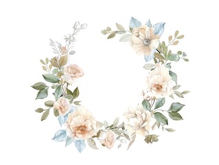 An elegant floral wreath with cream and pink roses, bluebells, and eucalyptus. Perfect for wedding invitations, cards, and other special occasions.