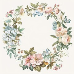 An illustration of a detailed botanical wreath with various flowers and greenery painted in a realistic style.