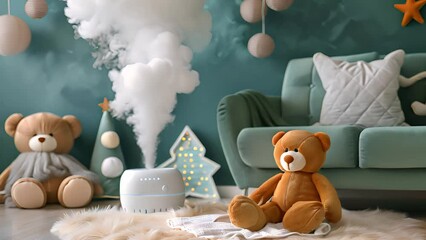 A cozy living room features teddy bears, a white humidifier emitting steam, a green sofa, and a cloud theme decoration against teal walls.