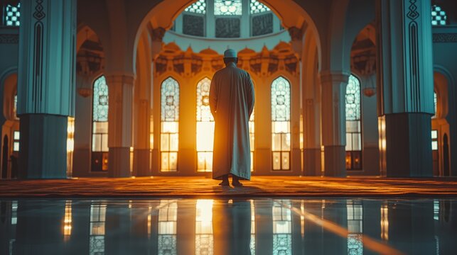 A religious Muslim man in thobe standing and performing salah namaz prayer inside the mosque