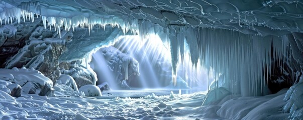Stunning ice cave with icicles and sunlight streaming in. Beautiful winter landscape showcasing the natural beauty of frozen formations.