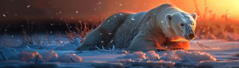 Obraz premium Polar bear lying on snow-covered ground during sunset with falling snowflakes, creating a peaceful yet majestic winter scene.