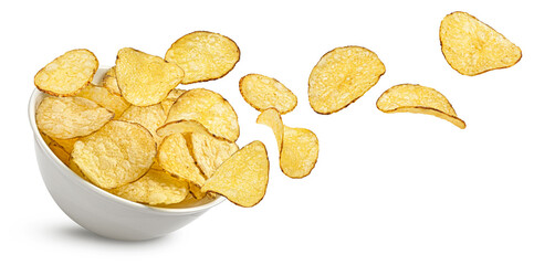 Falling kettle potato chips isolated on white background, full depth of field