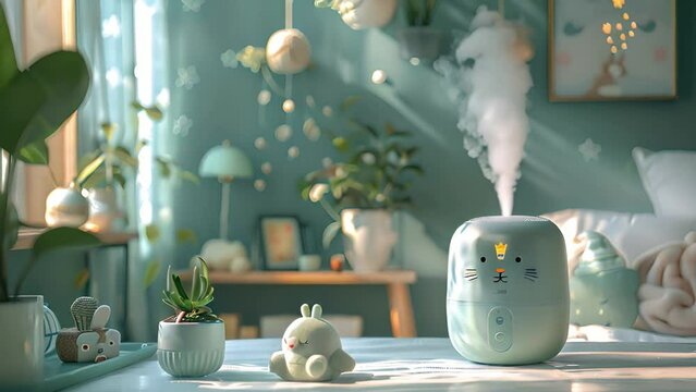 A humidifier sits on a table next to a potted plant, ready to add moisture to the surrounding air in a room.
