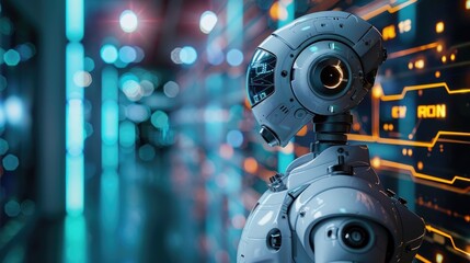 Fototapeta premium Futuristic humanoid robot in advanced data center. Concept of artificial intelligence, cyber technology, and machine learning.