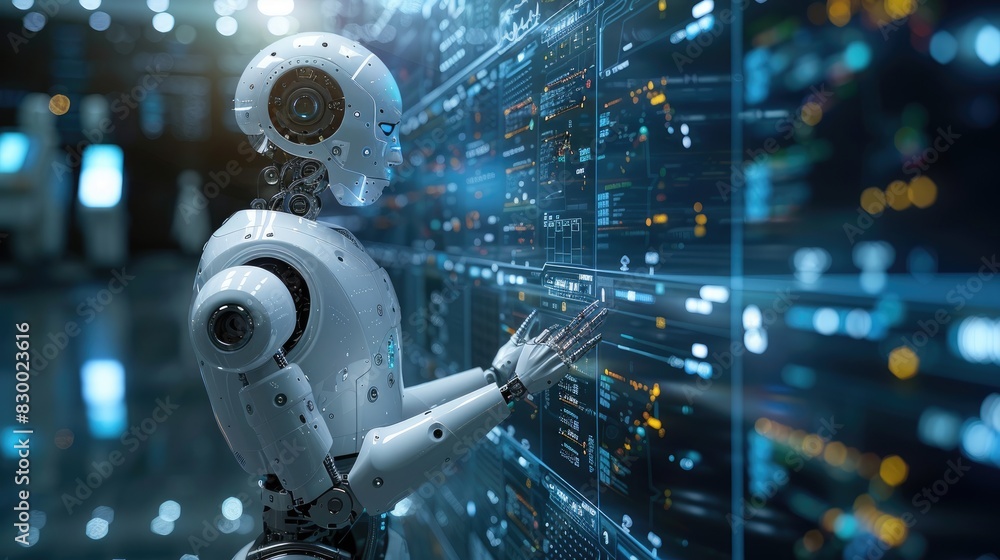 Aufkleber futuristic robot interacting with a digital screen, symbolizing advanced technology, ai, and automat