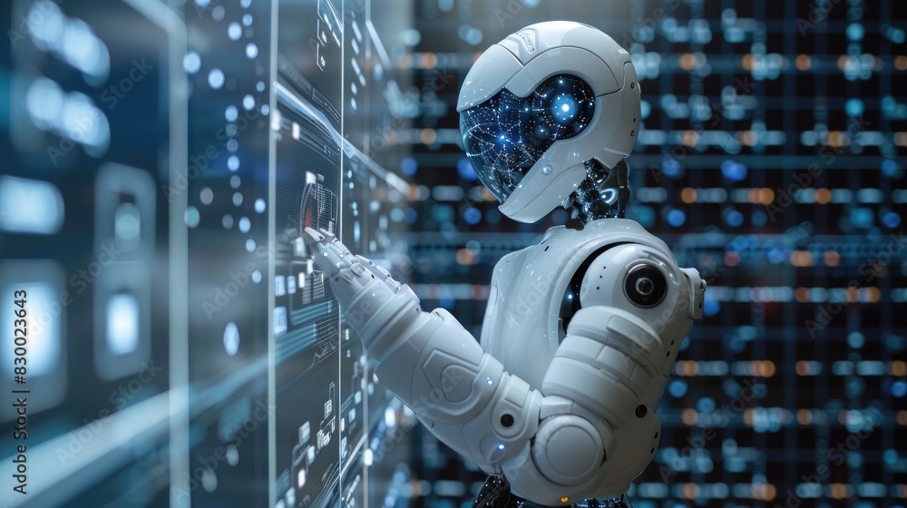 Aufkleber futuristic robot interacting with digital interface in a cybernetic environment, showcasing advanced