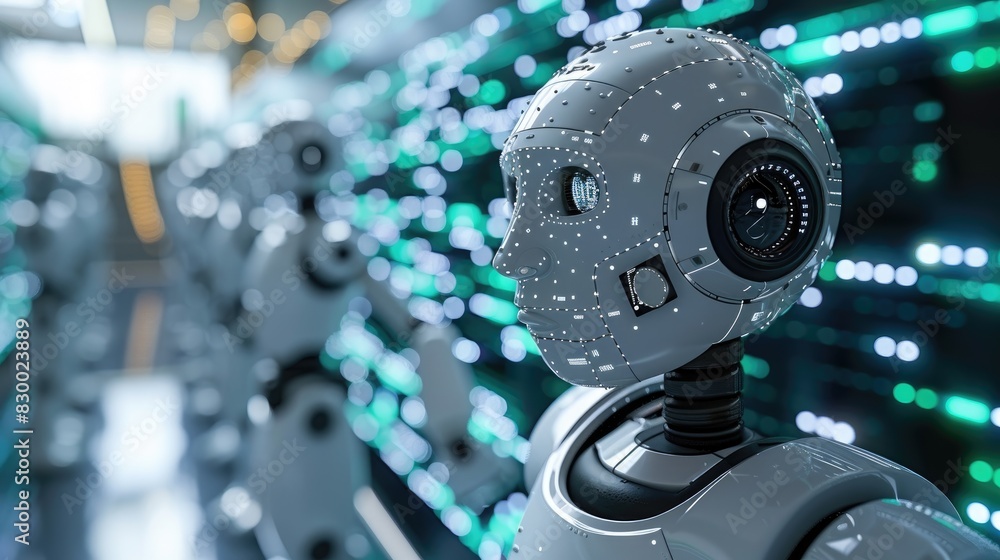 Poster futuristic robots lined up in a high-tech facility with glowing lights, showcasing advanced technolo