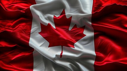The Canadian flag is waving vigorously in the wind against a bright blue sky