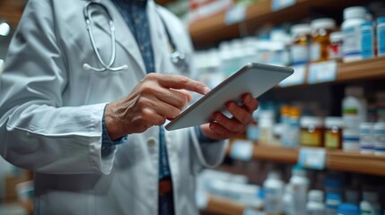 Healthcare professional in lab coat using digital tablet in front of medicine shelves in pharmacy. Modern technology in medical field concept.