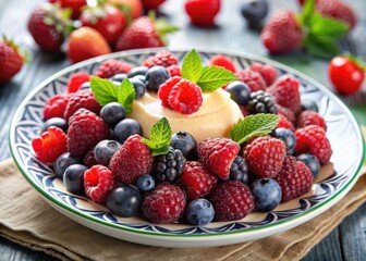 A plate of creamy dessert topped with fresh mixed berries and mint leaves.