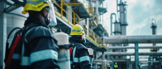 Naklejka premium Emergency response team in a petrochemical plant, conducting a safety drill, detailed equipment