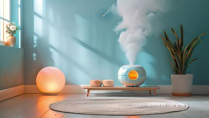 A peaceful living room featuring a diffuser emitting steam, a potted plant, and warm sunlight streaming in, creating a tranquil atmosphere.