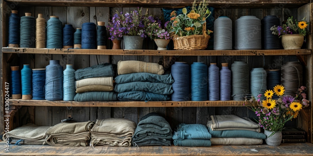 Poster a tidy shelf displays neatly folded stacks of soft, colorful fabric and thread, adding warmth to the