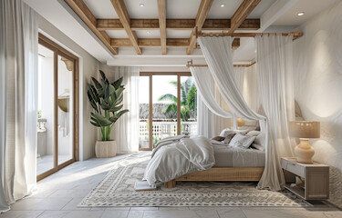 bedroom with a large bed, a canopy over the head of it and a balcony door on one side, a wooden ceiling, a gray patterned rug under the bed, white walls, light pink linen curtains at each end of the r