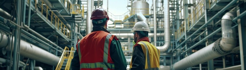 Engineers discussing safety procedures in a petrochemical facility, wearing helmets and vests, industrial machinery around