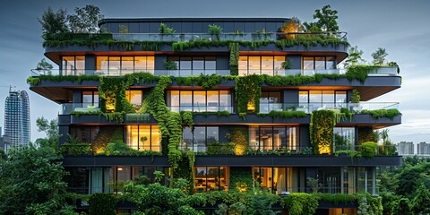 Fototapeta premium A modern residential building features eco-friendly design with lush greenery, blending urban living with nature