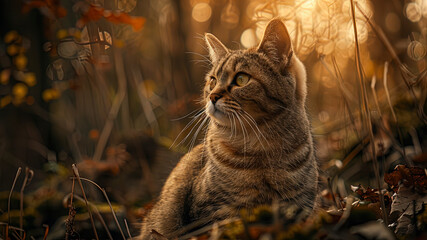 close up of a prretty cat in the park, beautiful kitten in the grass, portrait of a cat