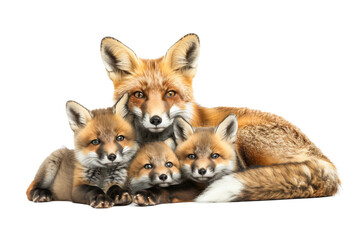 Mother Fox Resting with Adorable Fox Cubs on White Background