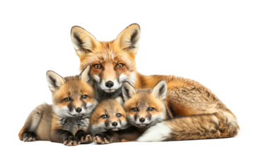 Mother Fox Resting with Adorable Fox Cubs on White Background