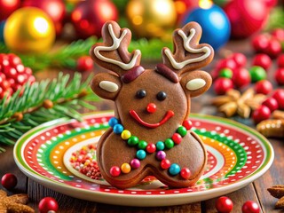 Adorable reindeer gingerbread cookie with colorful icing and decorations.