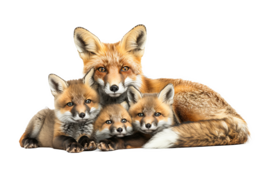 Mother Fox Resting with Adorable Fox Cubs on White Background - Powered by Adobe