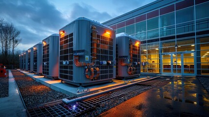 Modern data center with powerful server units glowing in the evening light, showcasing advanced technology and infrastructure.