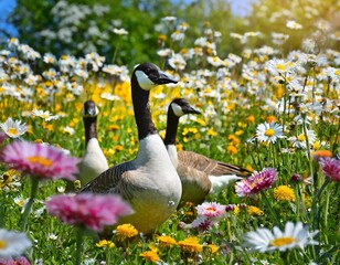  G&auml;nse zwischen Blumen auf einer Blumenwiese 