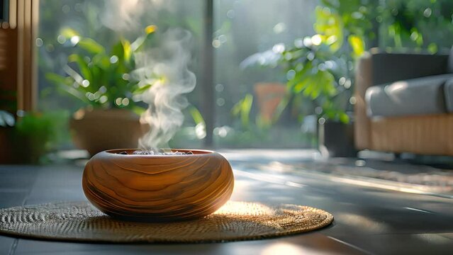 A wooden incense holder emits smoke on a round mat in a sunlit, plant-filled living room with a comfortable sofa in the background.