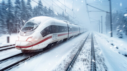 A modern train journeys rapidly across a landscape cloaked in snow, a scene of dynamic motion, banner.