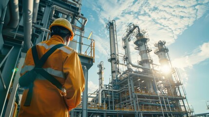 Technicians performing maintenance with safety gear in a petrochemical plant, industrial background, precise focus