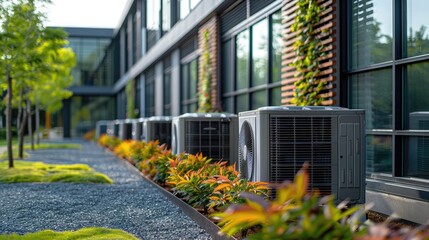 Outdoor air conditioning units lined up outside a modern commercial building, surrounded by lush green landscaping and bright sunlight.