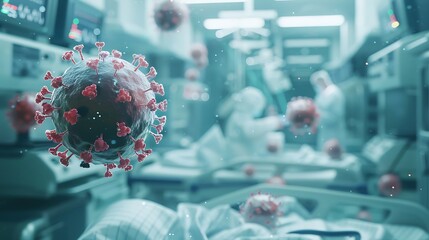 Virus cells superimposed over medical equipment. Double exposure portrays the intersection of healthcare and infectious diseases.