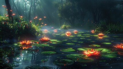 Obraz premium A photo of a magical swamp with glowing lily pads, a foggy landscape with will-o'-the-wisps