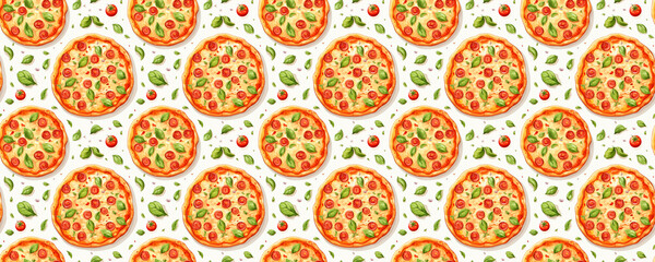 Seamless pattern of whole round pizzas on a white background.