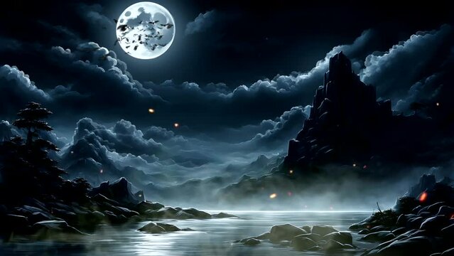 Dark night with moon in the forest. Seamless looping time-lapse 4k video animation background