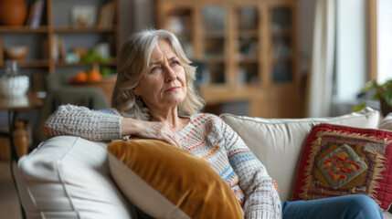 Obraz premium Elderly woman is seated on top of a white couch