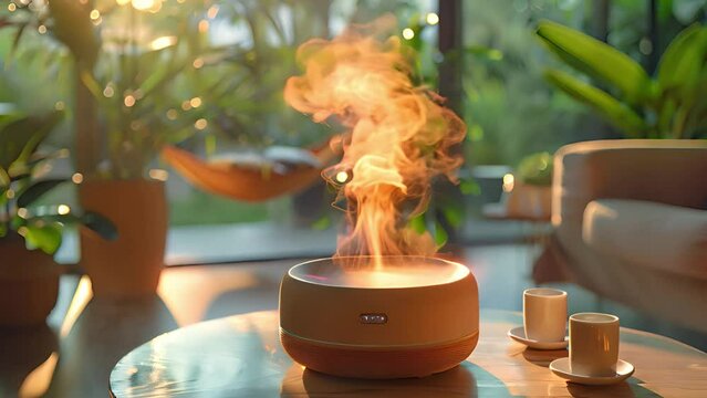 An aroma diffuser releases mist on a wooden table in a sunlit living room adorned with indoor plants, creating a serene and refreshing atmosphere.