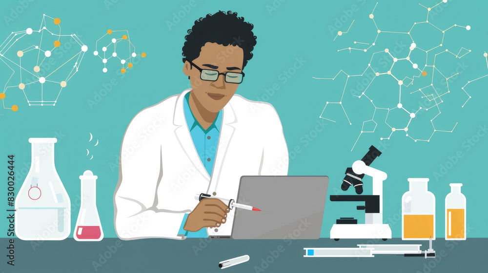 Poster a man wearing a lab coat is focused on typing on a laptop computer in a laboratory setting