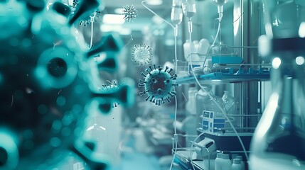 Virus cells superimposed over medical equipment. Double exposure portrays the intersection of healthcare and infectious diseases.