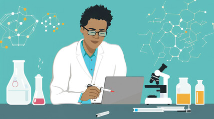 A man wearing a lab coat is focused on typing on a laptop computer in a laboratory setting