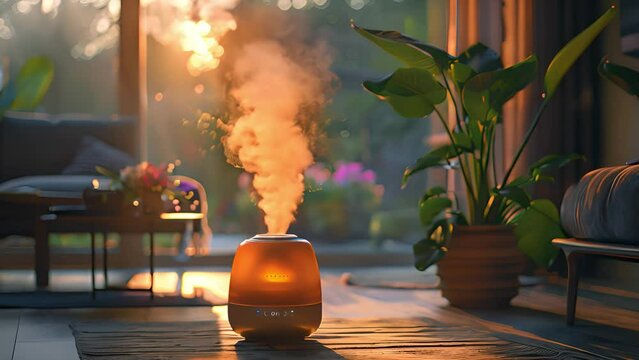 An aromatherapy diffuser releases steam, filling a living room with essential oils as sunlight filters through, highlighting lush indoor plants in the background.