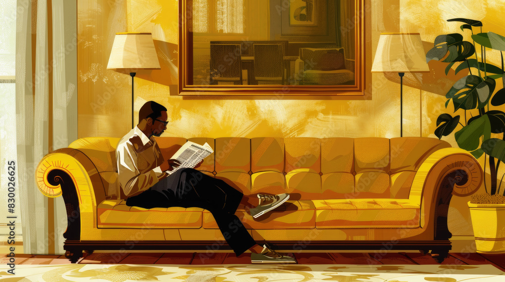Wall mural A man is seated on a couch, engrossed in reading a book - Wall murals