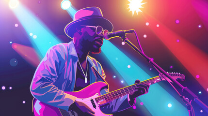 Obraz premium A man skillfully plays a guitar in front of a microphone, showcasing his musical talent