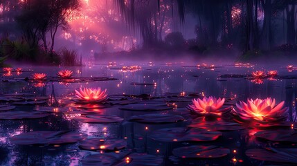 A photo of a magical swamp with glowing lily pads, a foggy landscape with will-o'-the-wisps