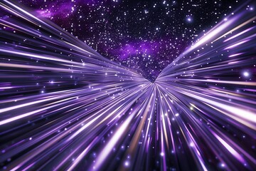 An immersive hyperspace warp scene with vibrant purple and silver light trails stretching infinitely, giving the sensation of being propelled through space with stars blurring into lines of light.