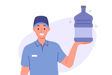 Man delivering water for cooler holds large bottle and smiles, offering to purchase mineral aqua. Concept of importance of dehydration and drinking plenty of filtered water to support health
