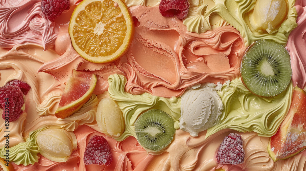 Poster a detailed view of a cake covered in a variety of fresh fruit slices, creating a vibrant and appetiz